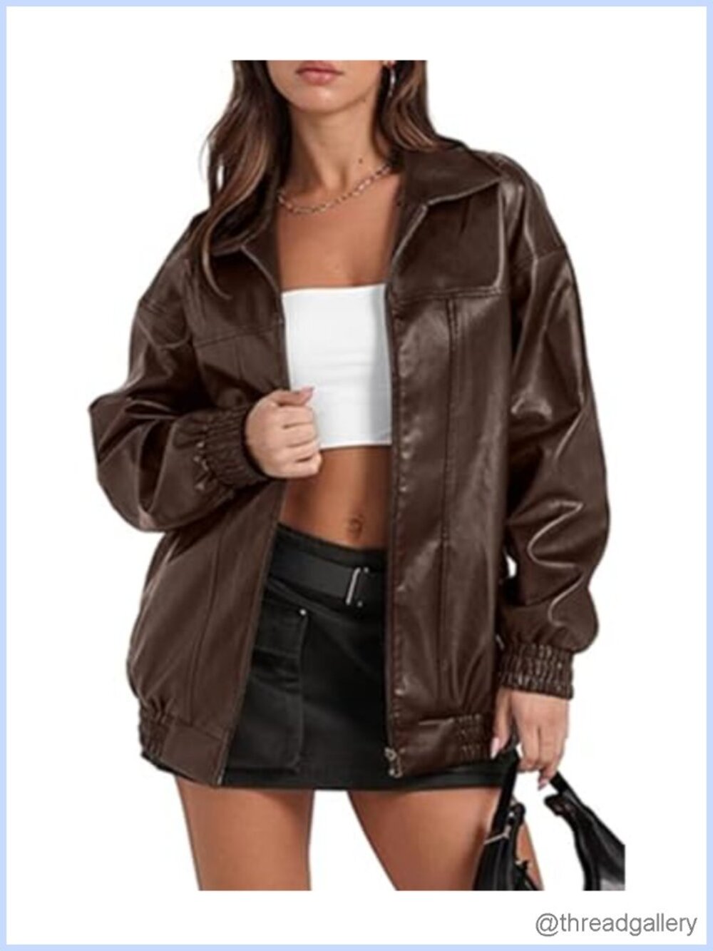 Faux Leather Motorcycle Bomber Jacket Long Sleeve Zip Up Lightweight